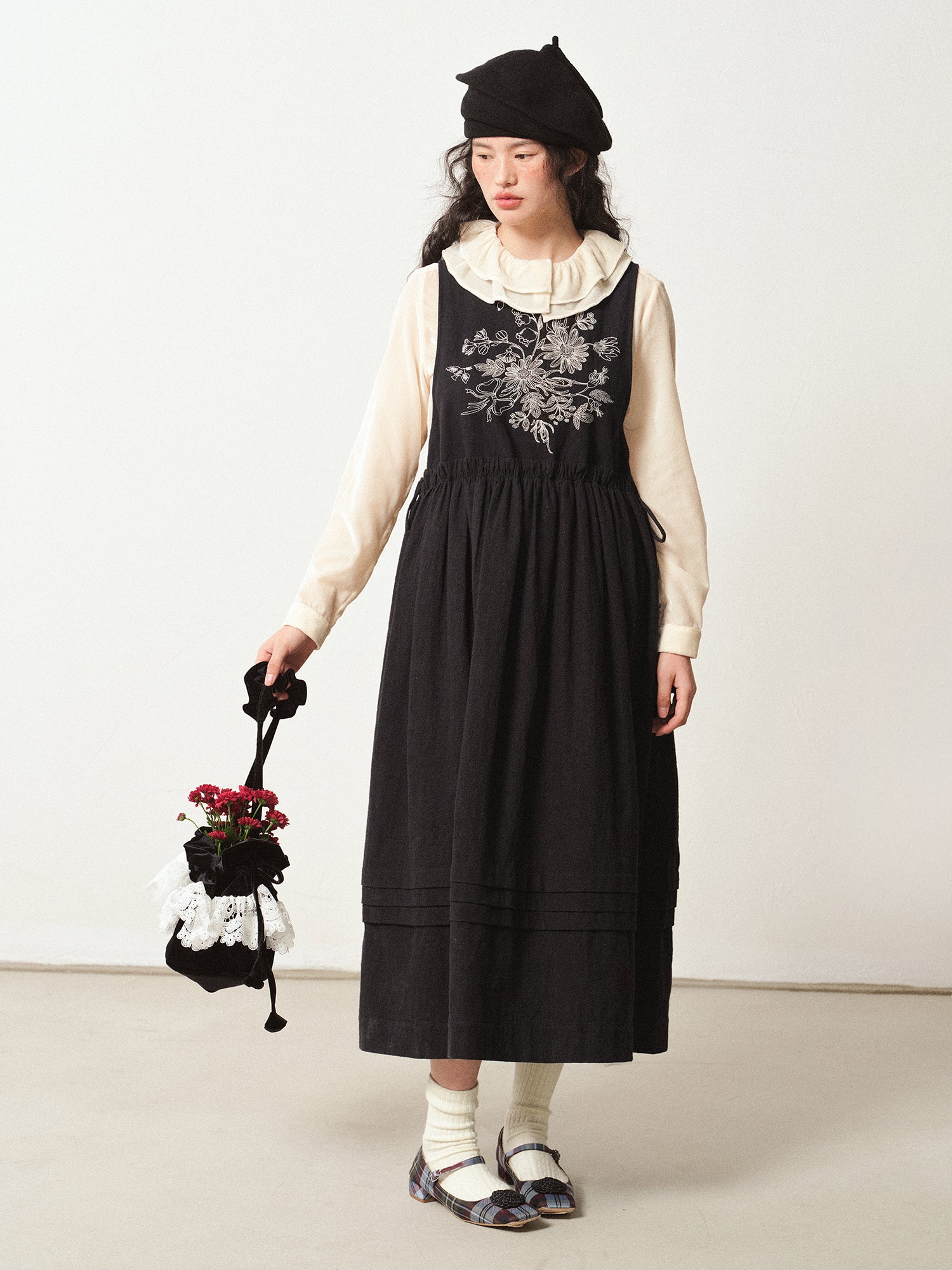 Vintage Velvet Blouse with Frilled Floral Collar