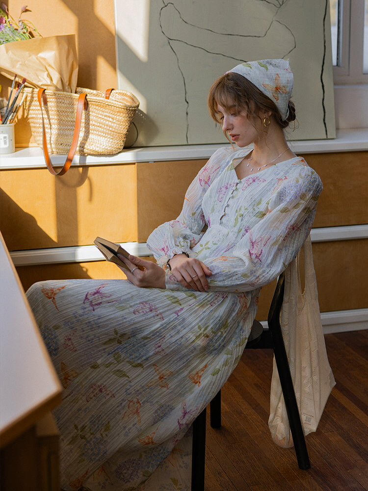 Watercolor Floral Long Sleeve Dress