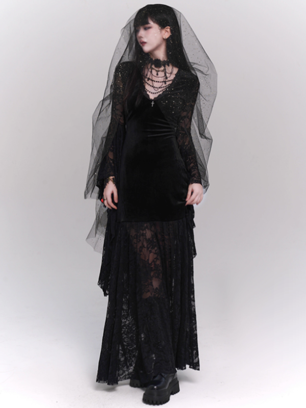 Black Velvet Lace Bell Sleeve Gothic Dress