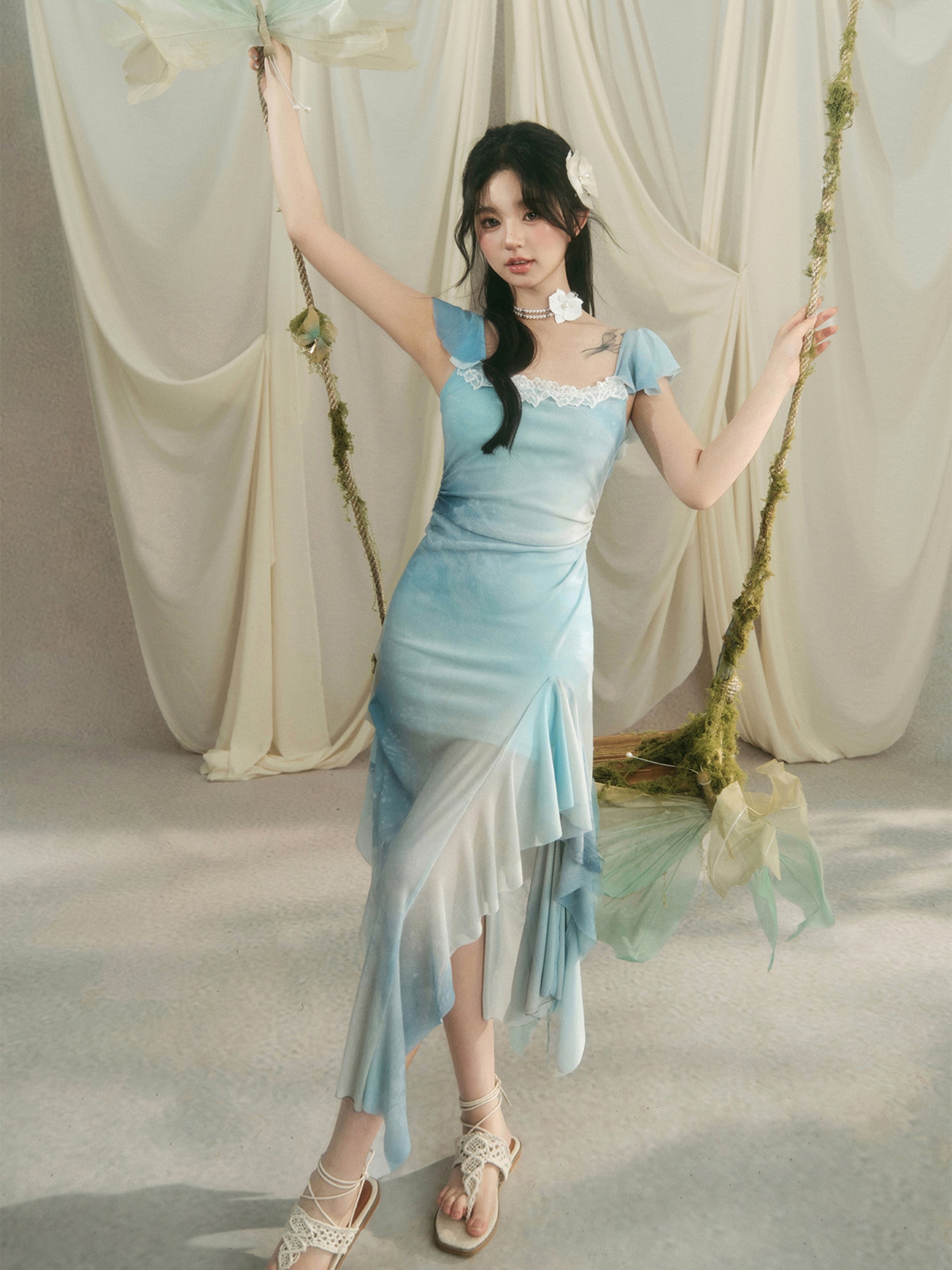 flowy floral dress long Sky Blue Floral Print Deep V Neck Puff Sleeve Flowy Dress Sky Blue / M