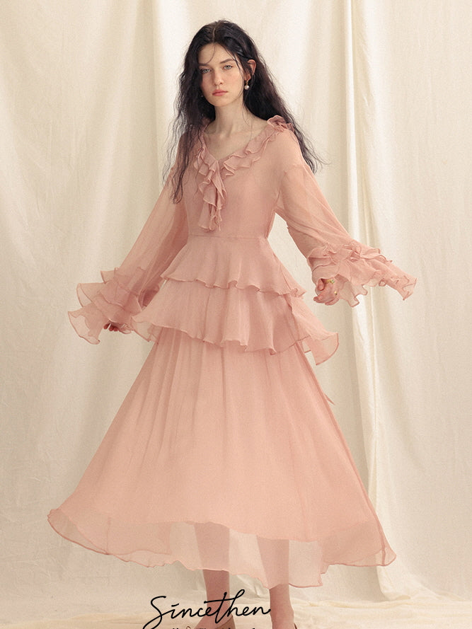 Whimsical Pink Ruffle Chiffon Blouse & Dress