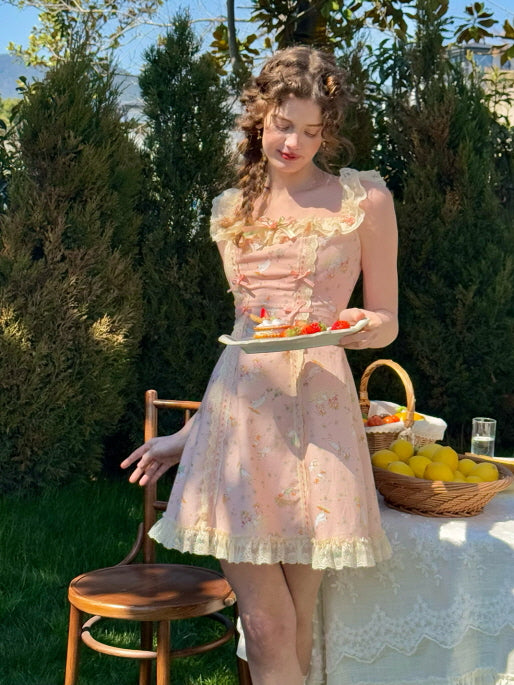 A young woman in a vintage-style pink dress with lace detailing, holding a plate of strawberry-topped pastries while standing in a garden setting. The dress features whimsical fairytale prints and a delicate lace hem, evoking a dreamy, cottagecore aesthetic.