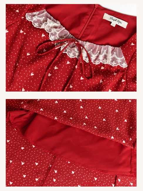 Close-up of the red retro dress featuring delicate white lace trim on the neckline and soft inner lining for comfort and elegance.