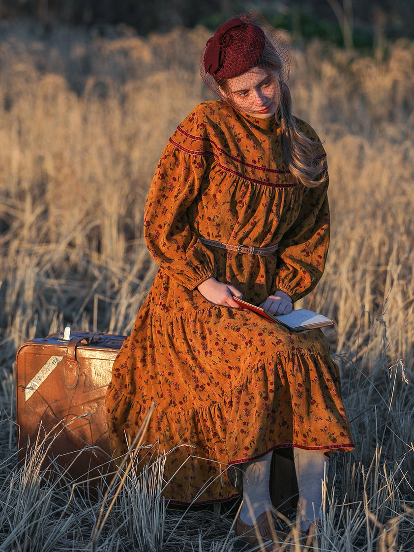 Vintage Golden Floral Corduroy Dress