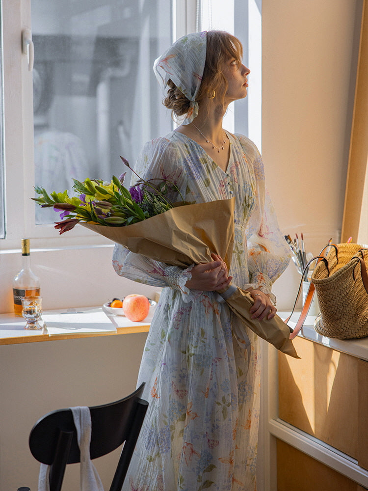 Watercolor Floral Long Sleeve Dress