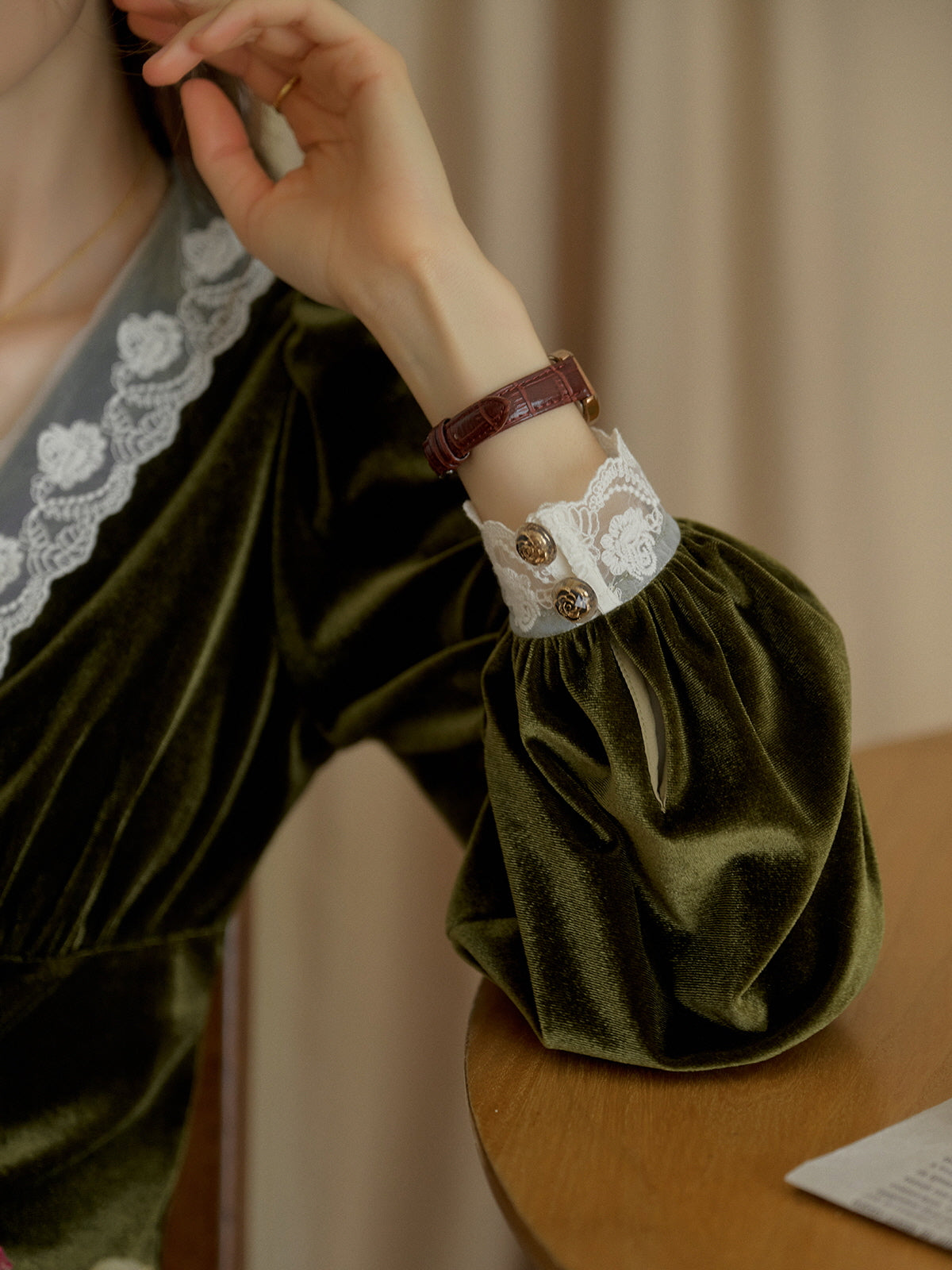 Velvet Elegance Green Lace-Trim Blouse