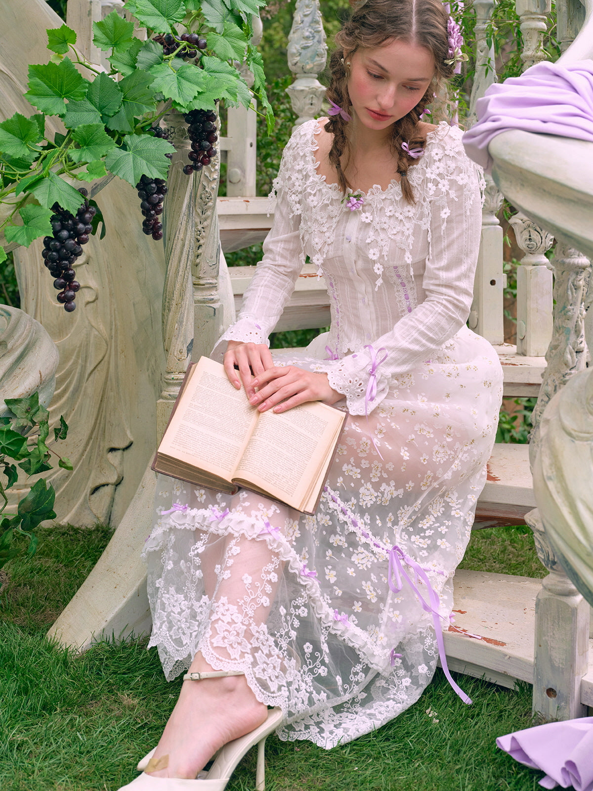 Lilac Ribbon Embroidered Lace Blouse