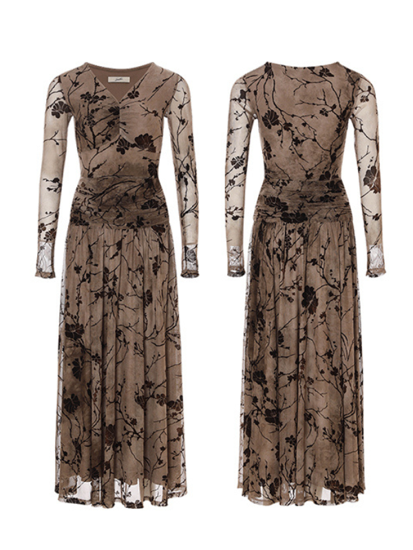 Brown Bloom Vintage Mesh Dress