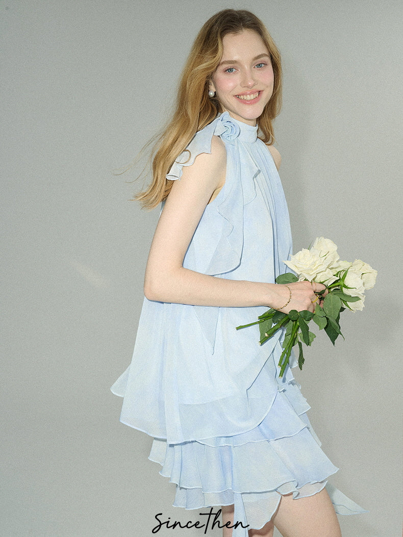 Ethereal Blue Ruffle Rose Halter Top