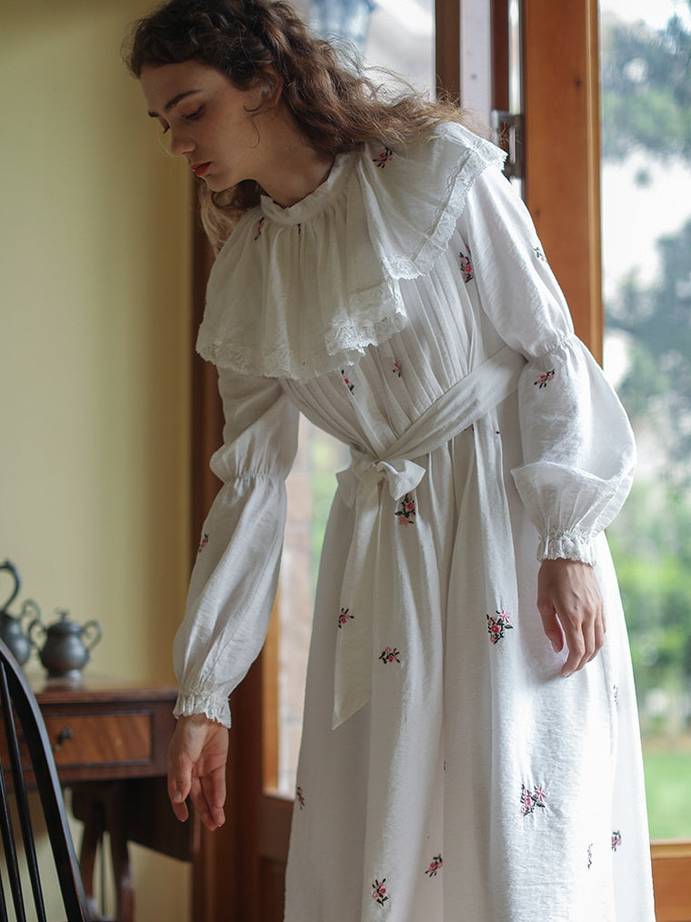 Floral Embroidery Vintage Ruffled Cotton Dress