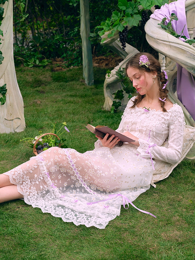 Lilac Ribbon Embroidered Lace Blouse