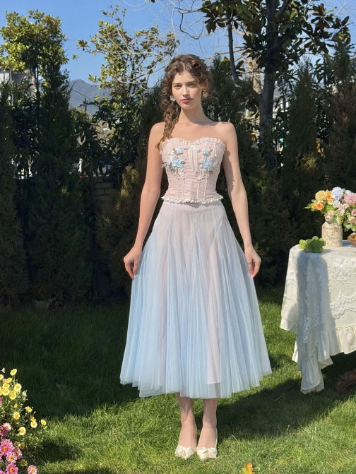 Front view of pastel blue tulle dress with floral embroidered corset bodice, worn with pointed heels in a vintage garden setting – elegant romantic outfit for women