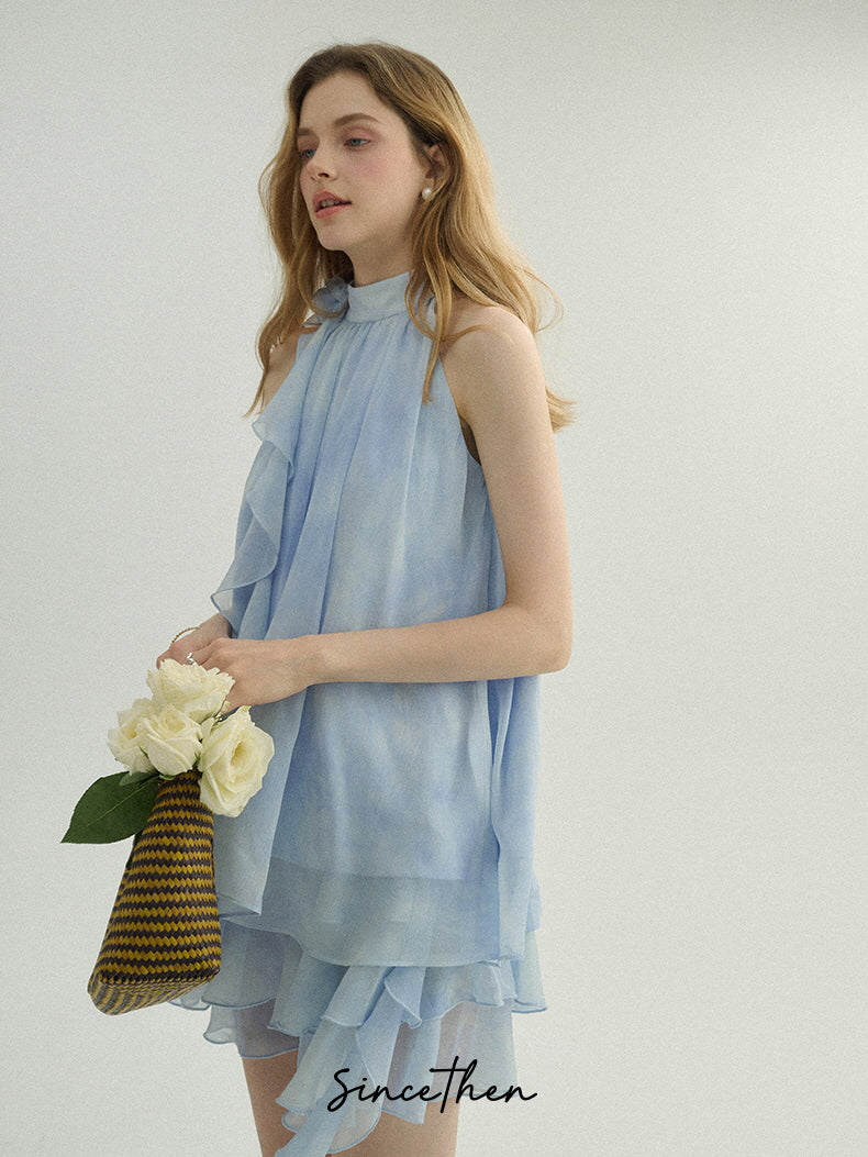 Ethereal Blue Ruffle Rose Halter Top