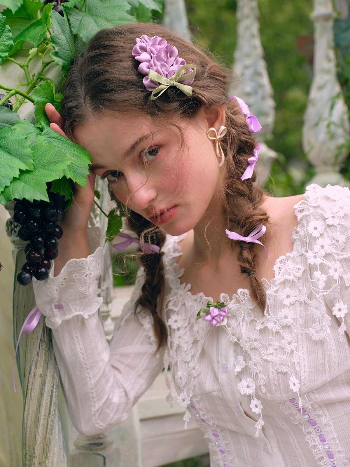 Lilac Ribbon Embroidered Lace Blouse