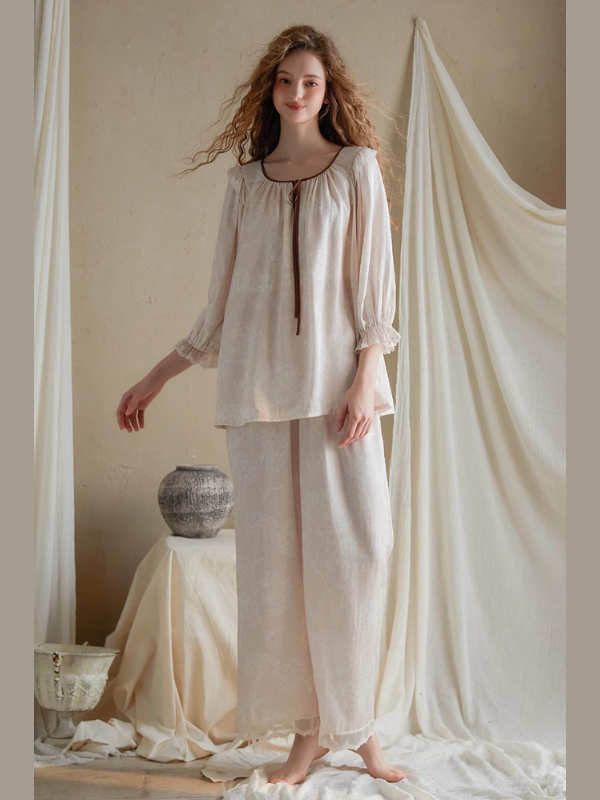 Vintage Ruffled Lace Trim Pajama Set