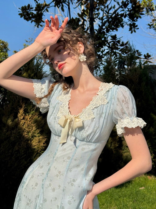 Blue Floral Jacquard Dress with Lace Hem Vintage Fairytale Elegance Dress / XS Blue Floral Jacquard Dress with Lace Hem Vintage Fairytale Elegance Dress / XS