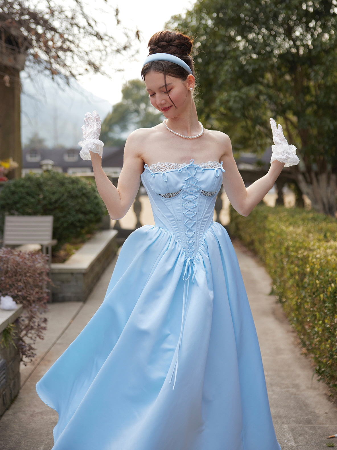 Sky Blue Princess Gown with Lace-Up Corset A Fairytale Evening Look Light Blue / XS Sky Blue Princess Gown with Lace-Up Corset A Fairytale Evening Look Light Blue / XS