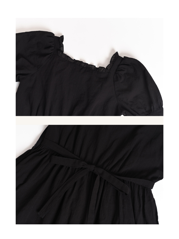 Retro vintage-style black dress featuring puff sleeves with ruffle-trimmed square neckline and waist tie detail at the back.