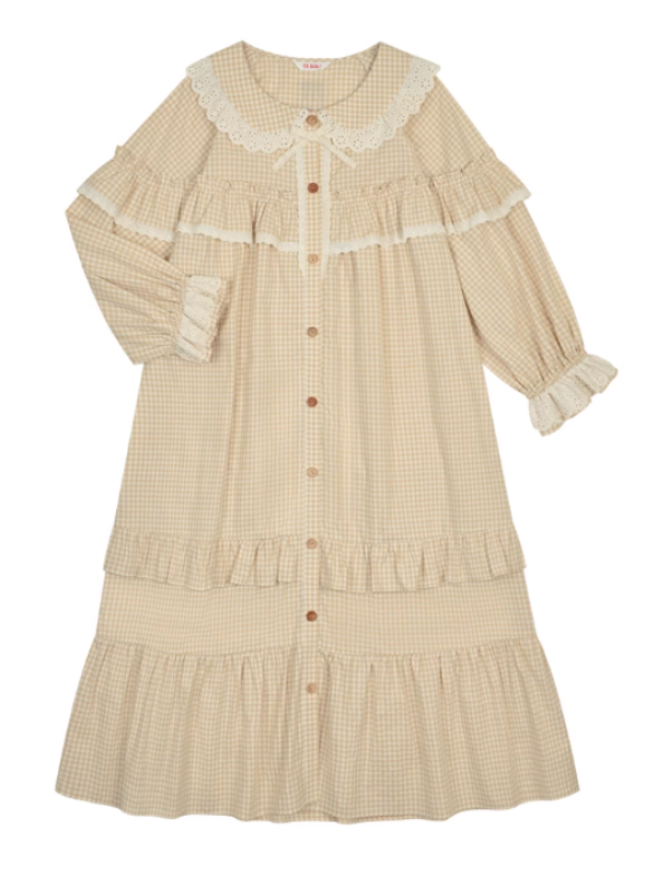 Beige Gingham Lace Ruffle Nightgown