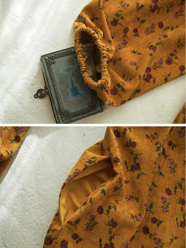 Vintage Golden Floral Corduroy Dress
