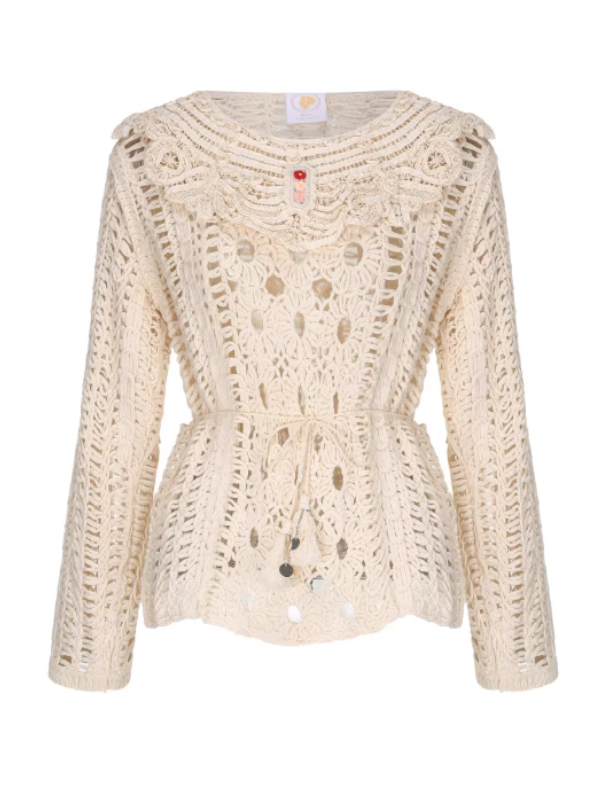 Floral Embroidered Cream Crochet Knit Blouse