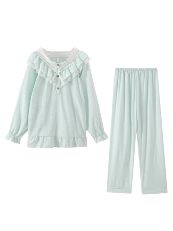 Mint Ruffle Lace Cottagecore Pajama Set
