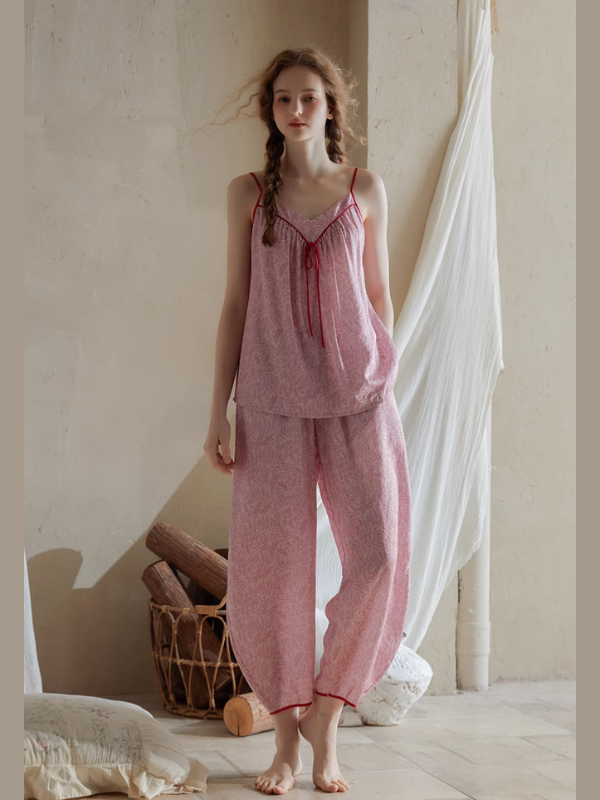 Vintage Ribbon-Tie Pajama Set