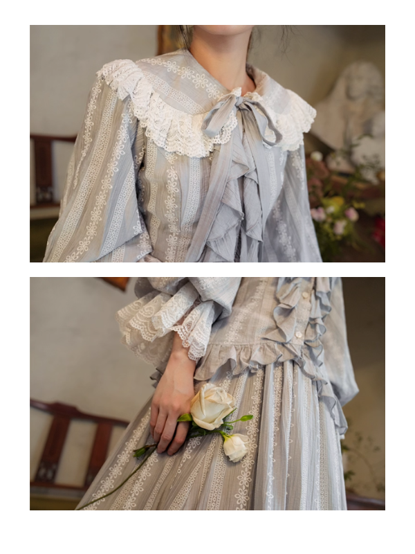 Grey Lace Ribbon Top & Skirt Set