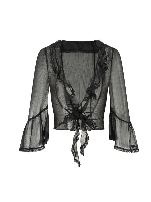 A sheer black ruffle blouse with ribbon tie front and flared sleeves, perfect for layering over vintage princess outfits with an elegant aesthetic.