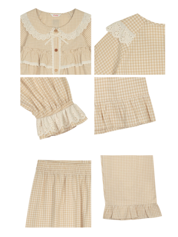 Beige Gingham Ruffle Cotton Pajama Set