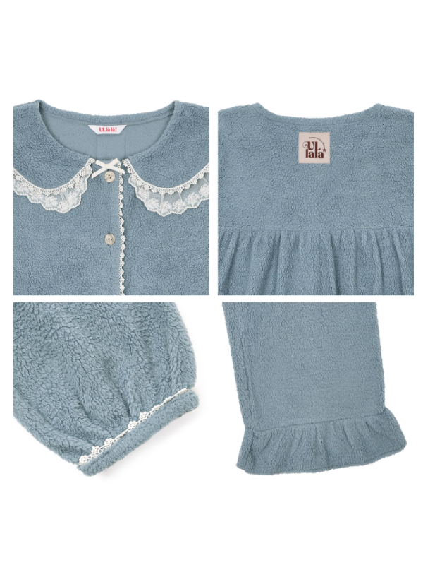 Dusty Blue Lace Collar Fleece Pajama