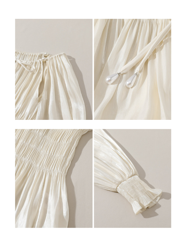 Close-up collage of a vintage-style ivory blouse featuring pearl-tipped drawstring details, soft gathered pleats, smocked waist, and flared cuffs, laid flat against a beige background.