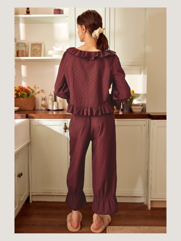 Wine Ribbon Ruffle Vintage Loungewear Set