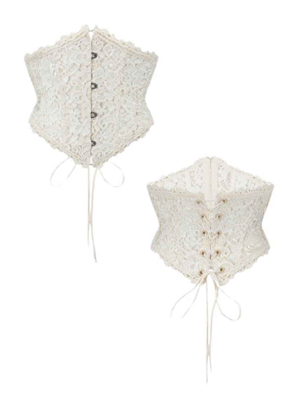 Front and back views of an ivory lace-up corset belt with floral embroidery, featuring a curved silhouette, front button closure, and adjustable ribbon lacing at the back.
