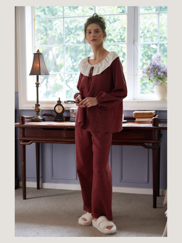Vintage Rose Collar Burgundy Loungewear Set