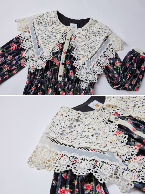 Velvet Rose Lace Collar Cottagecore Dress