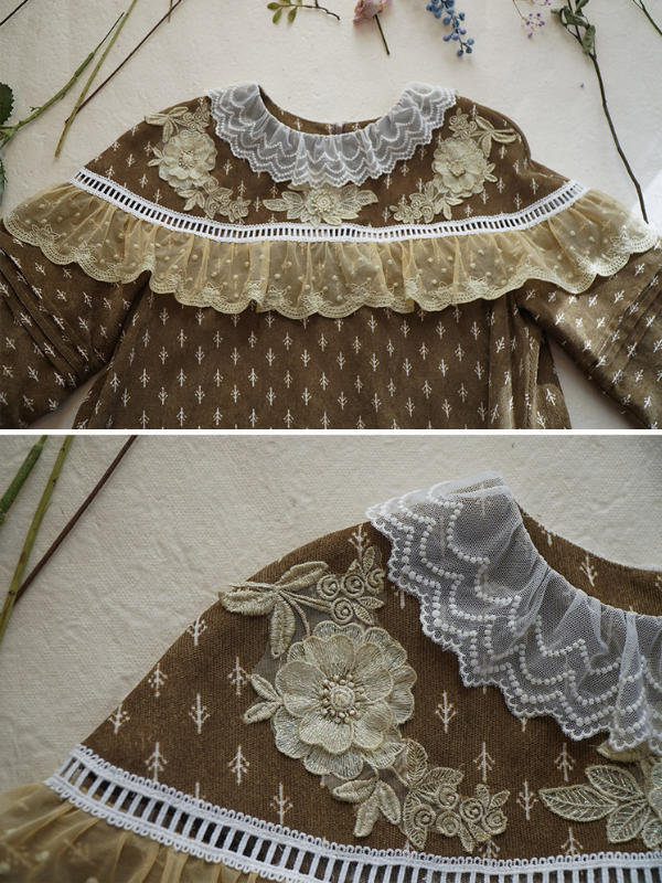 Vintage Floral Brown Corduroy Dress