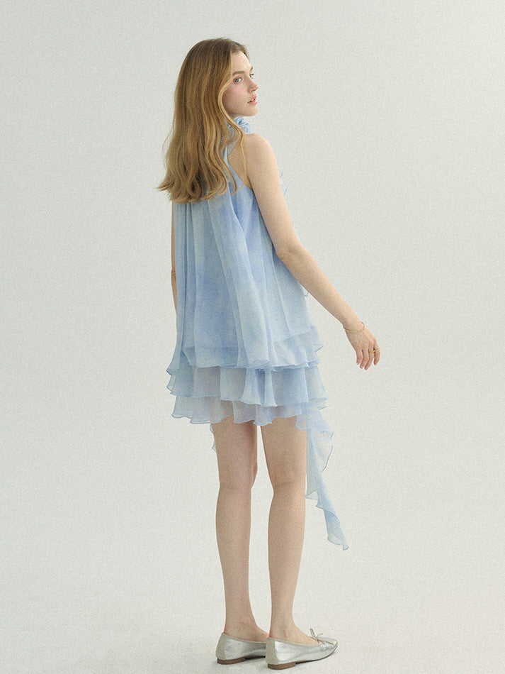 Ethereal Blue Ruffle Rose Halter Top