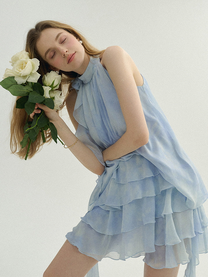Ethereal Blue Ruffle Rose Halter Top