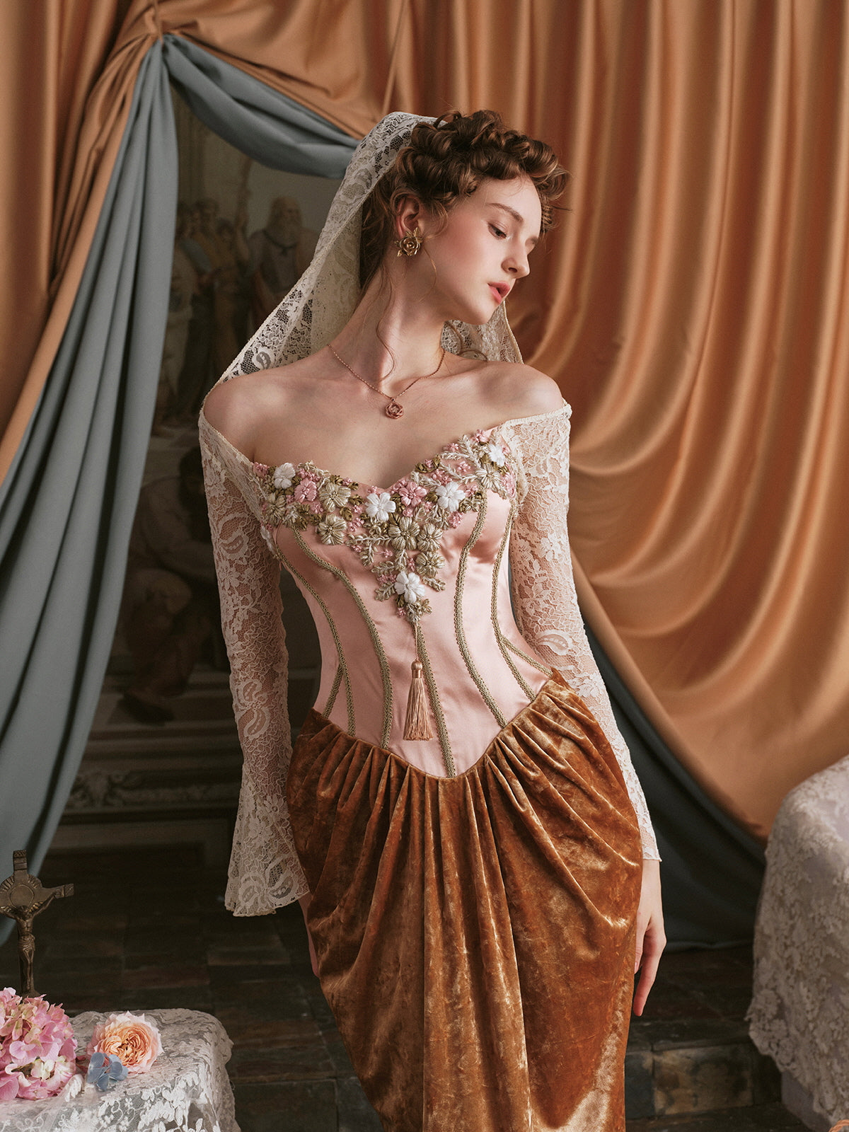 Vintage Floral Embroidered Velvet Dress