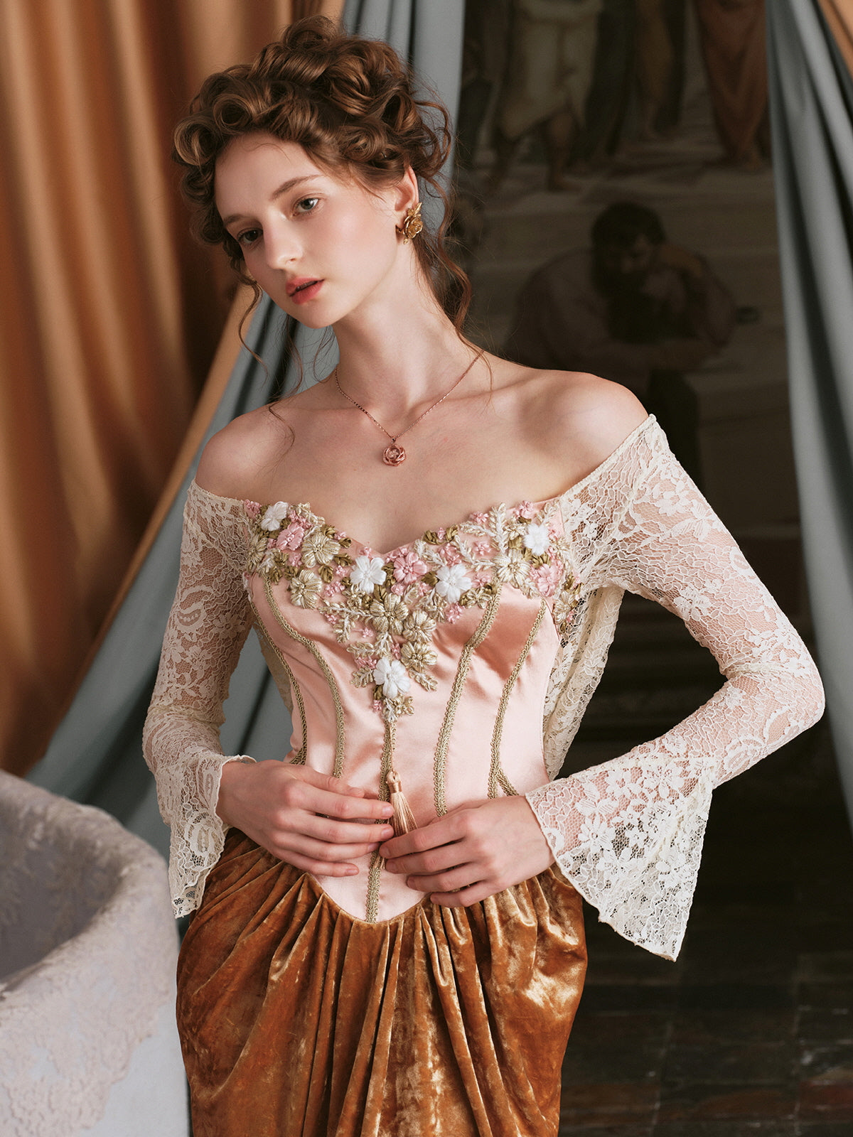 Vintage Floral Embroidered Velvet Dress