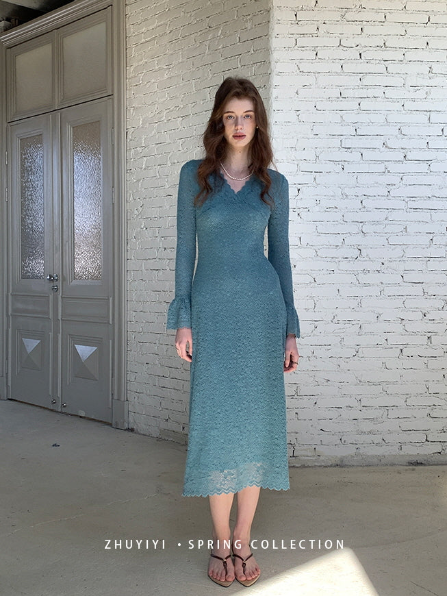 Sapphire Lace Bell Sleeve Dress