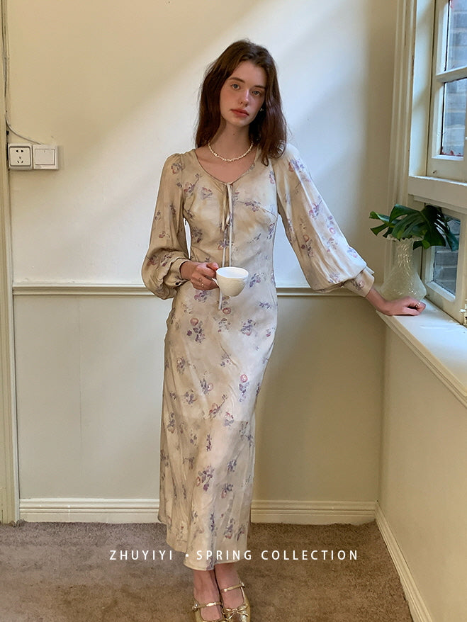 Vintage Bloom Sheer Sleeve Dress