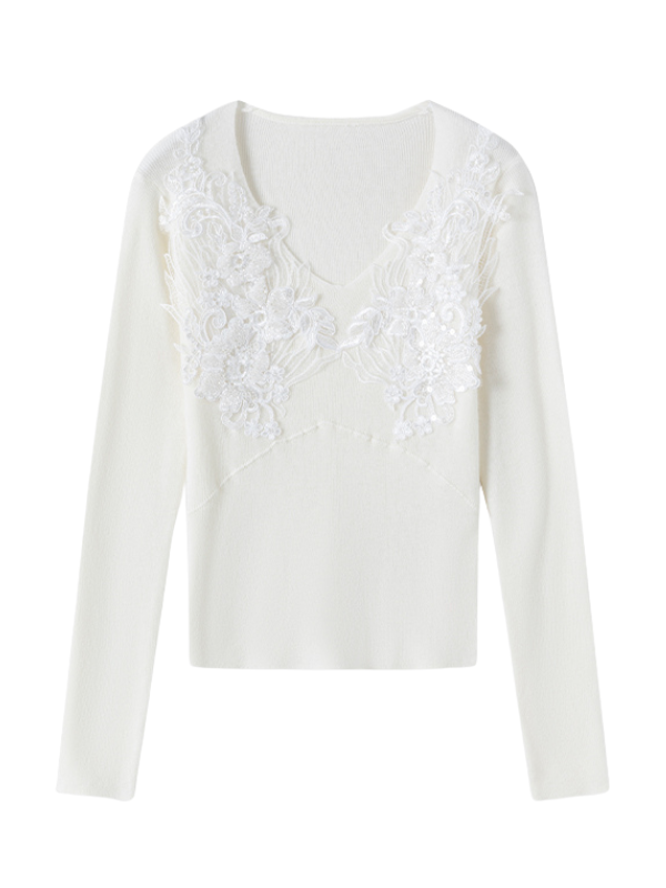 Floral Lace Embellished Knit Top