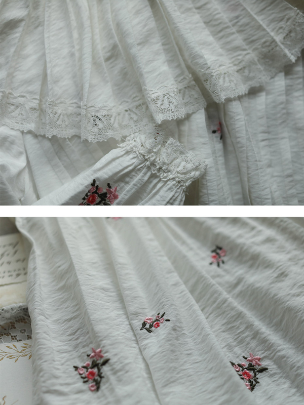 Floral Embroidery Vintage Ruffled Cotton Dress