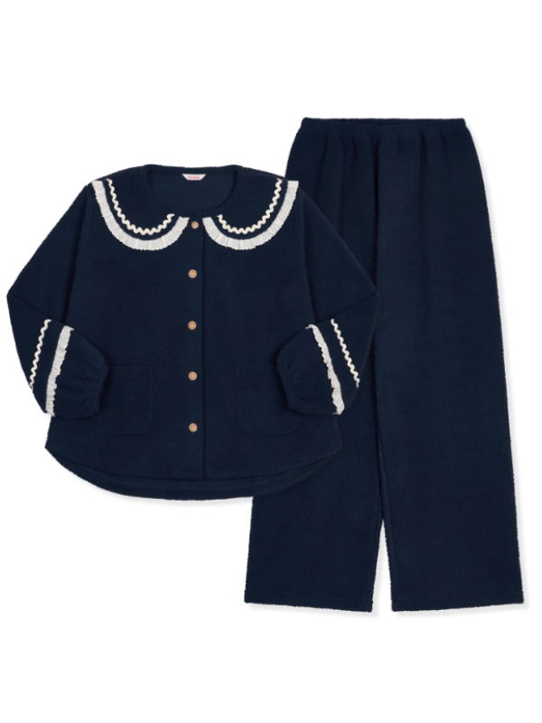 Navy Ruffle Collar Fleece Pajama