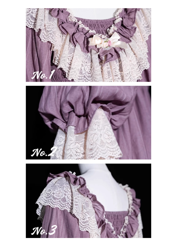 Close-up details of a fairytale-inspired lavender dress, highlighting the romantic lace frills, voluminous sleeves, and vintage fantasy dress design for dreamy outfits.