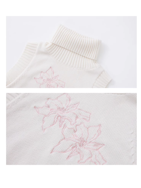 White Embroidered Turtleneck Knit Top