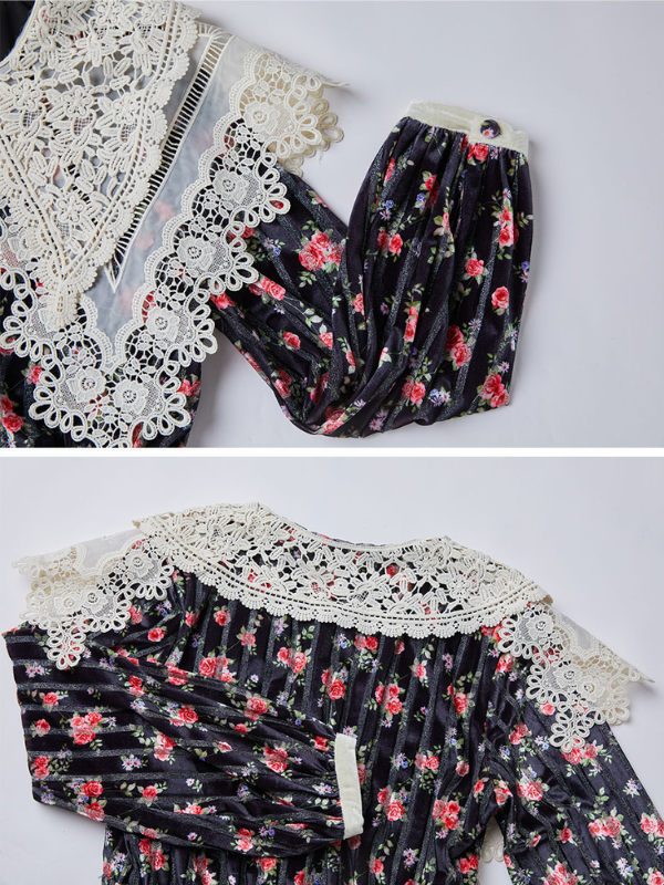 Velvet Rose Lace Collar Cottagecore Dress
