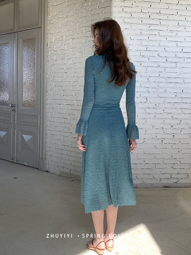 Sapphire Lace Bell Sleeve Dress